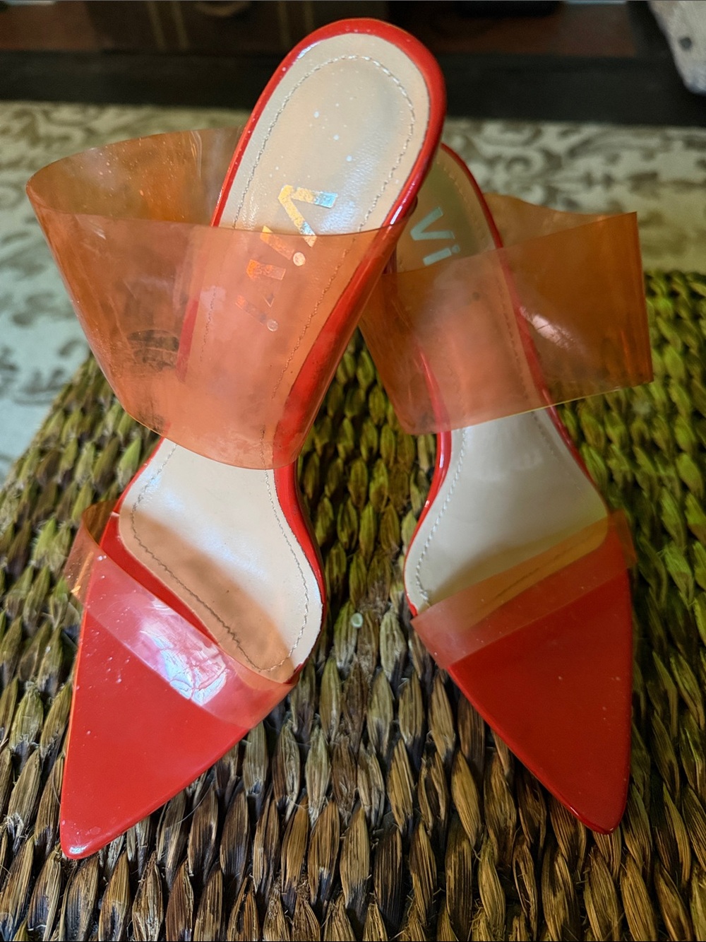ViVI Red/Orange Pointed-Toe Mules with Clear Orange-Tinted Straps